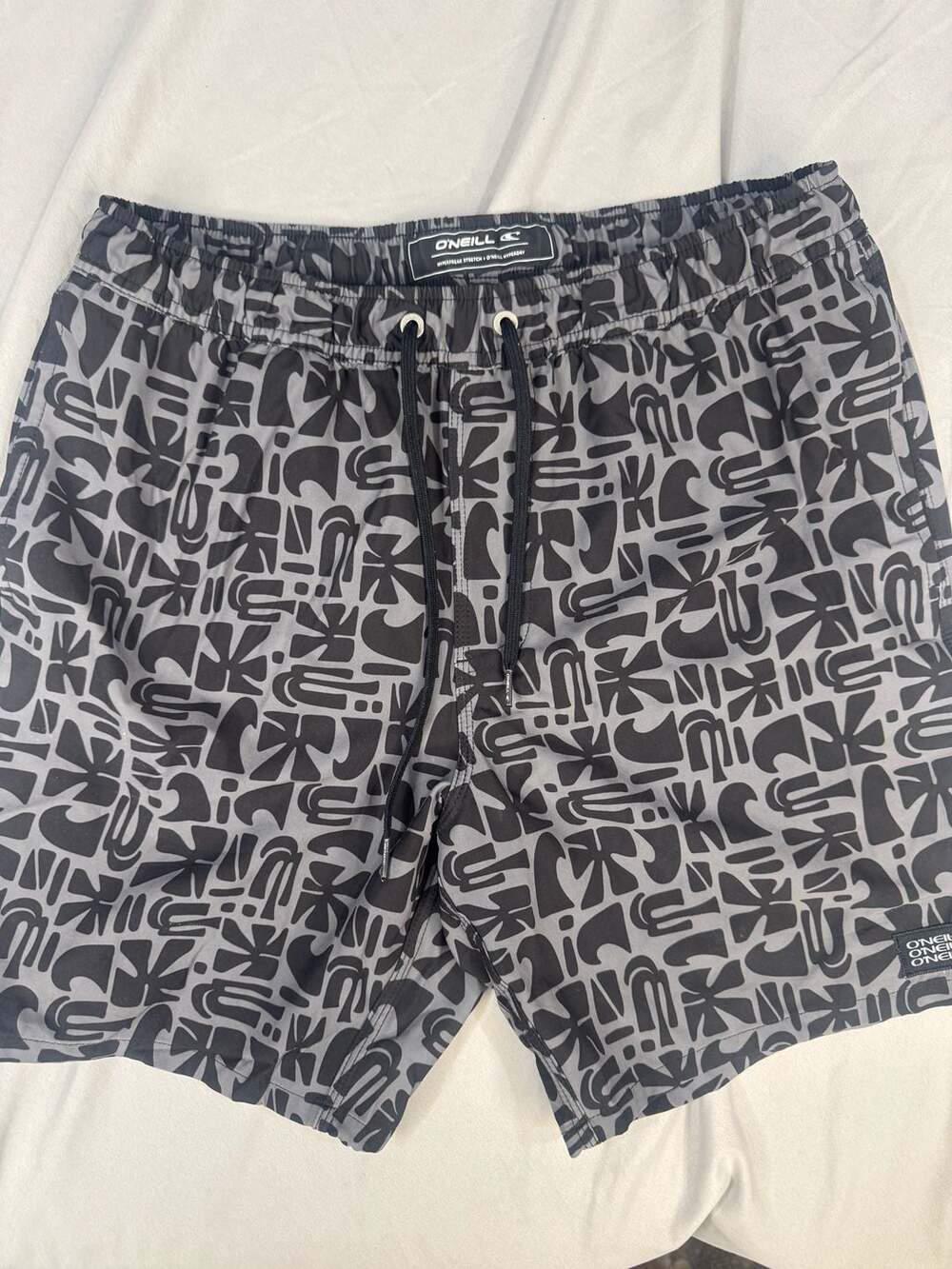 O'Neill Hyperfreak Stretch Swim Trunks Size M Gray Black Abstract Print